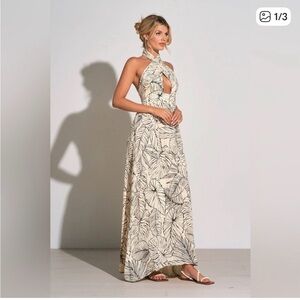 Elan Textured Gauze Elegant Halter Neck Maxi Dress - Black and White